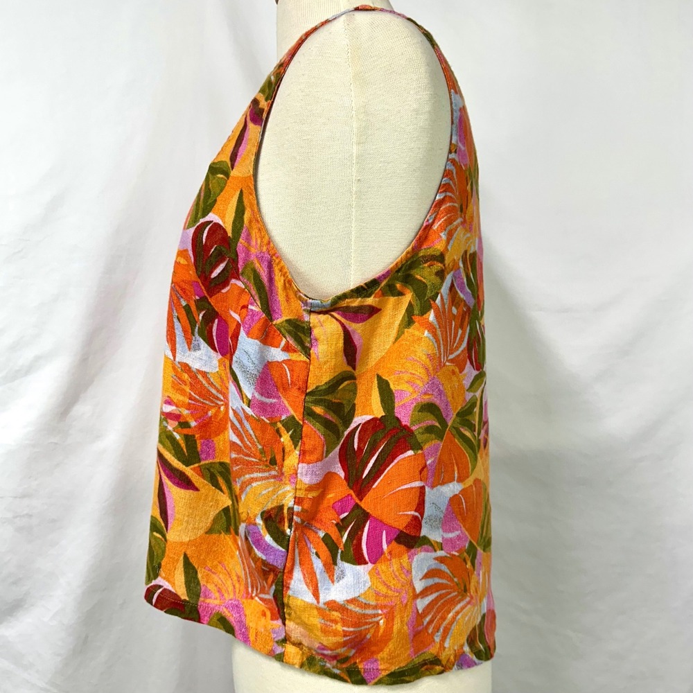 C&C California Orange Tropical Print 100% Linen Square Neck Tank Top Women's L - Picture 3 of 6